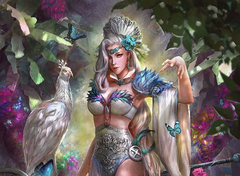 Hera, goddess, pasare, peacock, fantasy, girl, bird, paun, white, blue, HD wallpaper