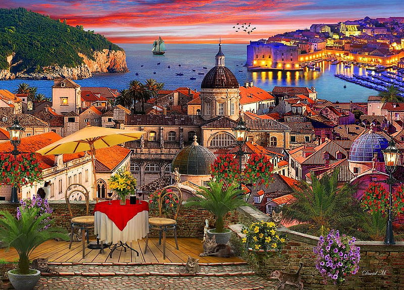 Dubrovnik, Croatia, sunset, church, sea, mediterranean, table, sailship,  houses, HD wallpaper | Peakpx