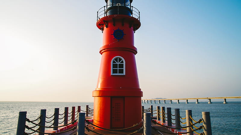 Sea Pier and Red Lighthouse, Lighthouses, Sea, Architecture, Oceans, Nature, Piers, HD wallpaper