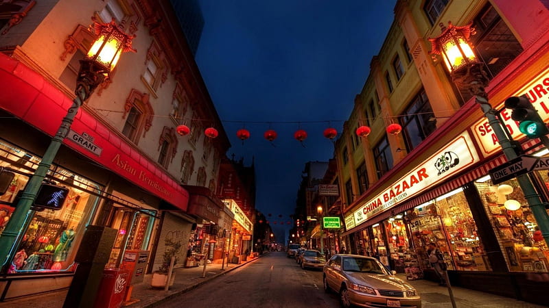 street in san francisco chinatown at night, stores, street, night, lights, HD wallpaper