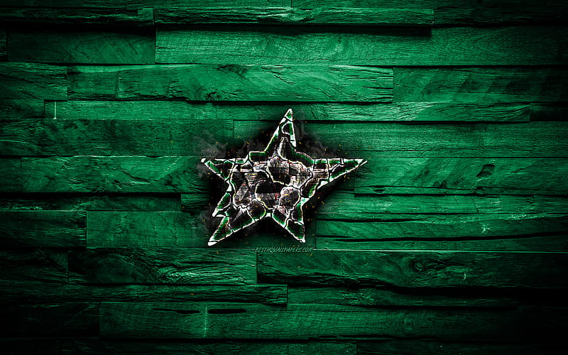 Dallas Stars, fiery logo, NHL, green wooden background, american hockey team, grunge, Western Conference, hockey, Dallas Stars logo, fire texture, USA, HD wallpaper