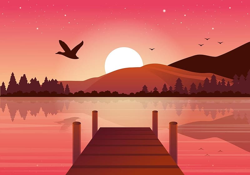 Sunset - Lake, birds, abstract, red, pier, water, sun, sunset, lake, vector, HD wallpaper