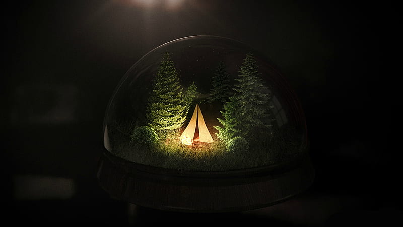 Tent in a glass-ball, glass, ball, fantasy, tent, black, creative, night, light, HD wallpaper