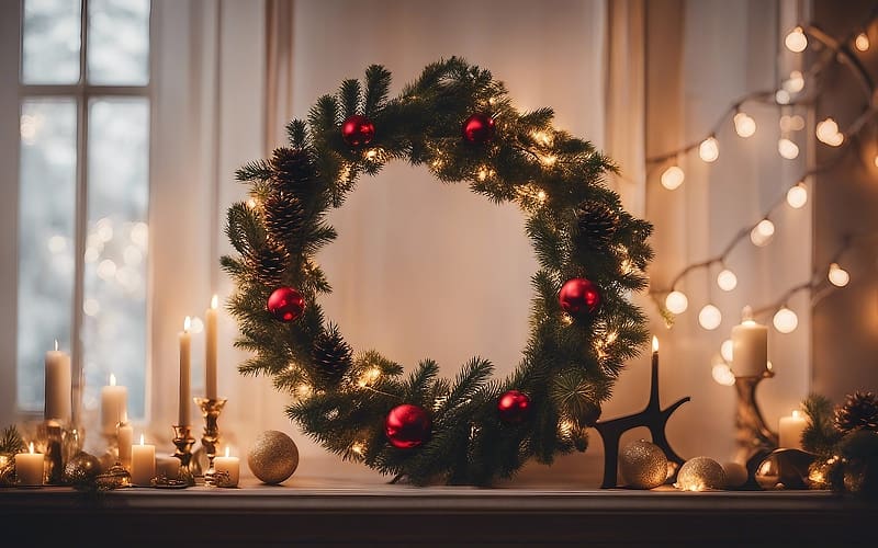 Advent Wreath, candles, lights, wreath, advent, AI art, balls, HD wallpaper