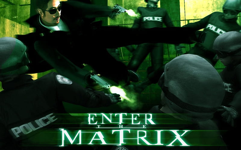 enter the matrix, man, police, gun, matrix, HD wallpaper