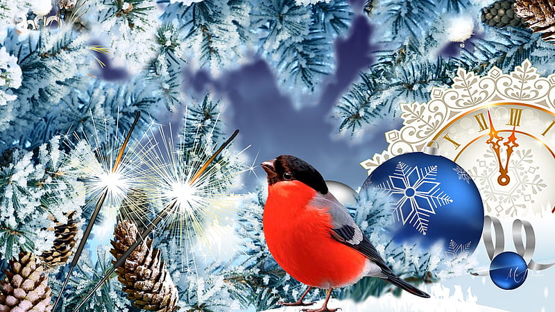 Winter Blue, holiday, bird, snow, cones, finch, trees, deorations, Firefox theme, Christmas, winter, HD wallpaper