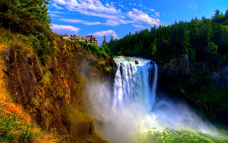 WATERFALLS, stream, house, waterfall, cliff, Snoqualmie Falls, HD wallpaper