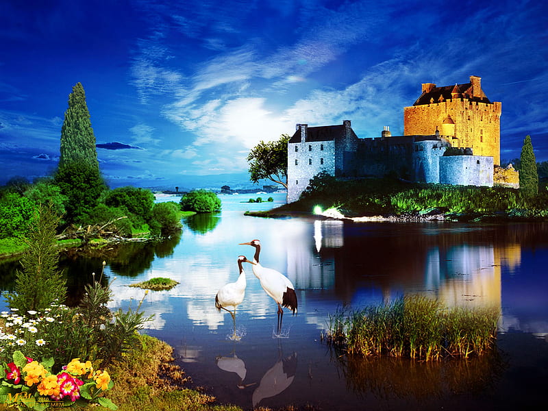 Eilean-Donan-Castle-Scotland, cloud, grass, trees, sky, swans, fantasy, flowers, nature, reflection, castle, landscape, HD wallpaper