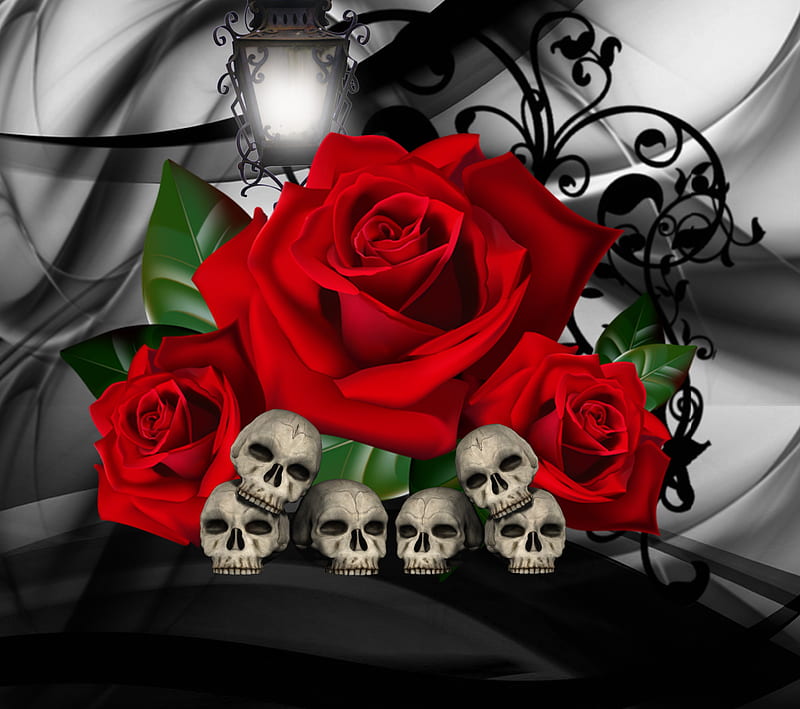 1440x1280px, black and red, dark, gothic, halloween, red rose, skull, HD wallpaper