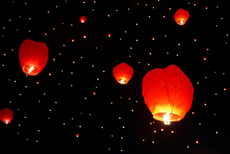 Floating Lanterns!, floating, lantern, sky, orange, HD wallpaper
