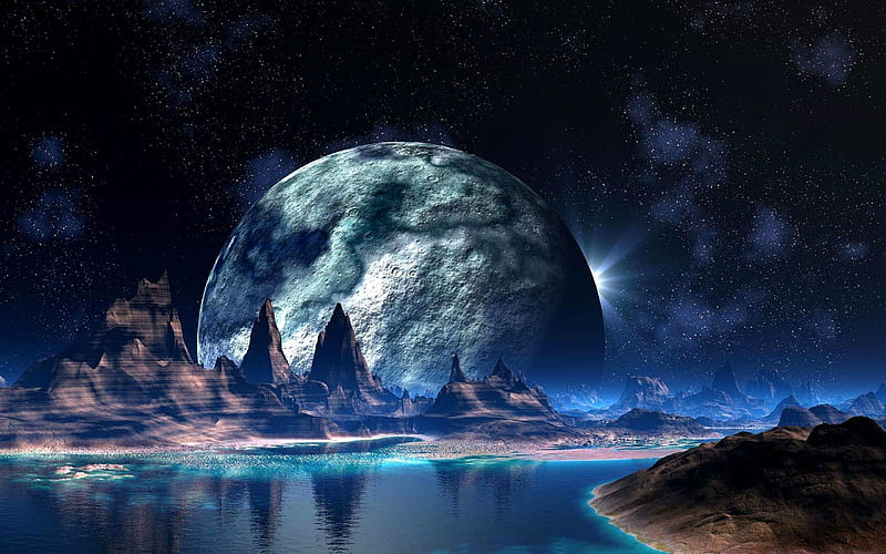 space planet surface, planets, river, craters, mountains, galaxy, 3D art, HD wallpaper