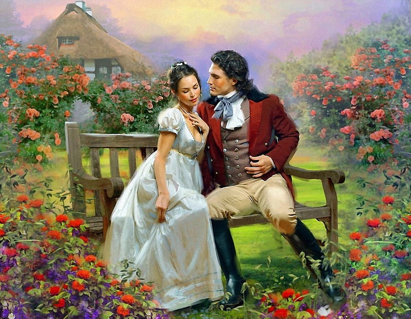Lovers, romance, girl, robert papp, painting, man, pictura, couple, art, flower, garden, HD wallpaper