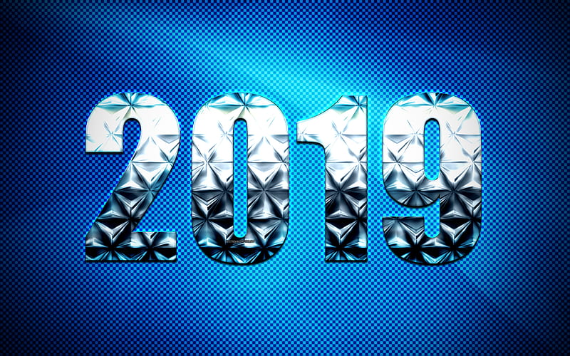 2019 year, silver creative digits, blue background, 2019 concepts, New Year, creative art, HD wallpaper