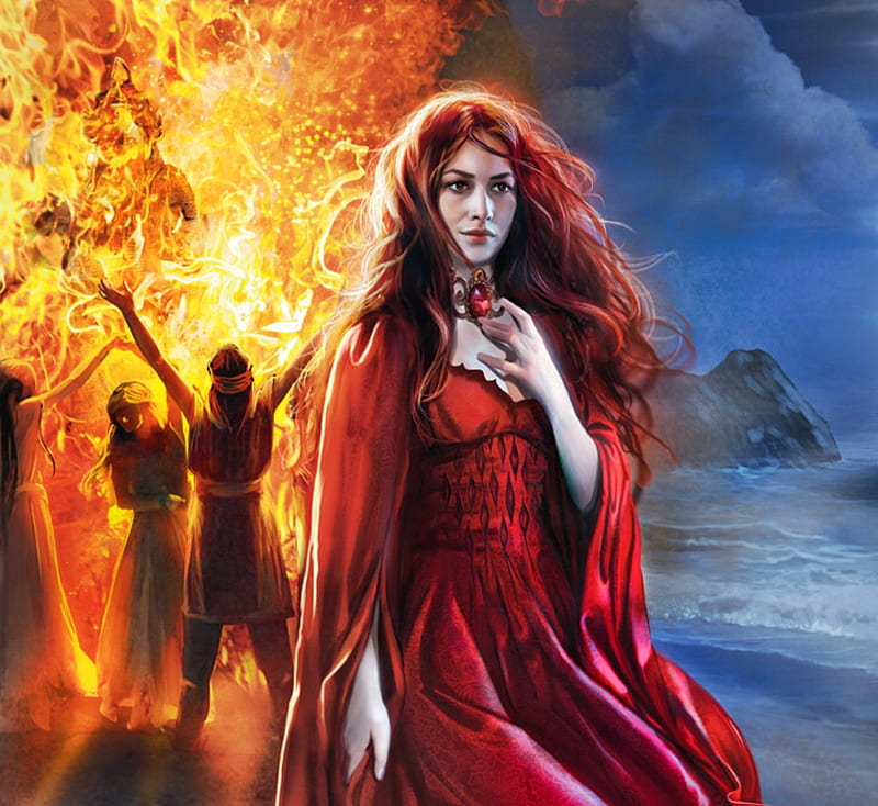 Melisandre, luminos, girl, game of thrones, drazenka kimpel, witch, red, redhead, fire, fantasy, HD wallpaper