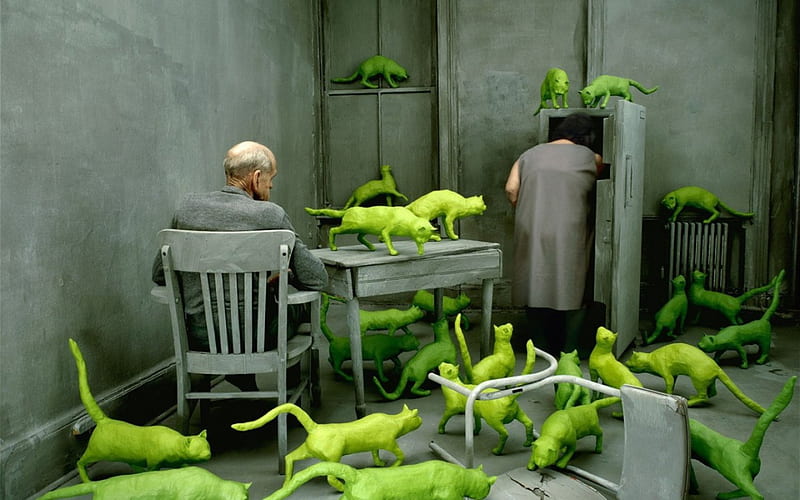 Obsession, man, Sandy Skoglund, cat, creative, woman, situation, animal, green, couple, HD wallpaper