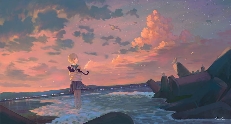 anime school girl, sunset, clouds, stars, birds, scenery, Anime, HD wallpaper