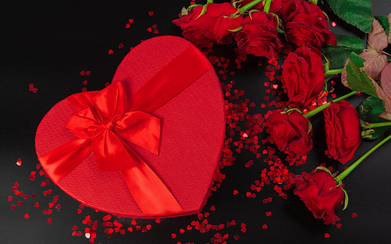 romantic gift, red heart gift box, red roses, Valentines Day, red silk bow, romantic background, love concepts, HD wallpaper