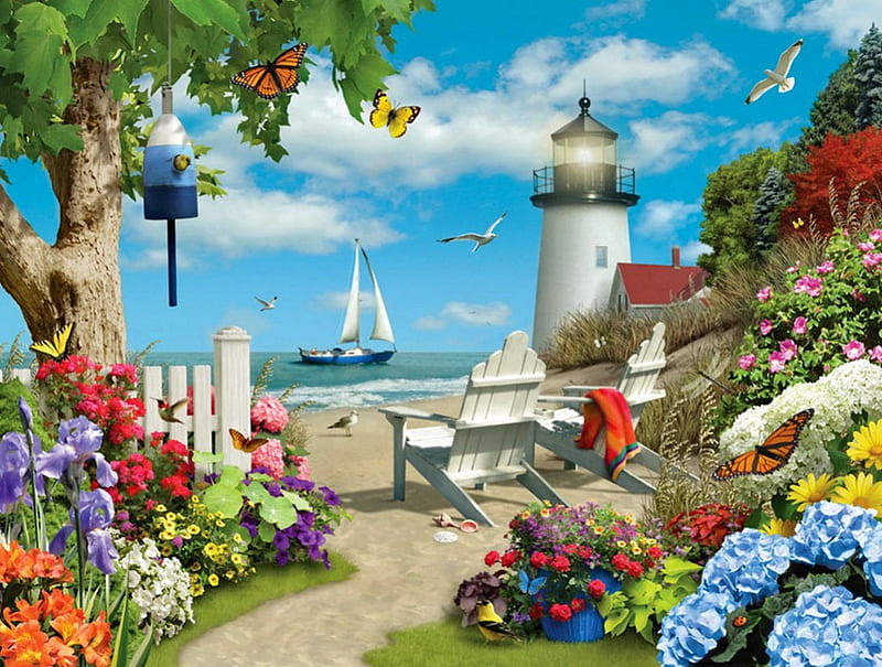 Oceanside, colorful, holiday, ocean, birds, beach, locely, seaside, peaceful, color, garden, animals, HD wallpaper