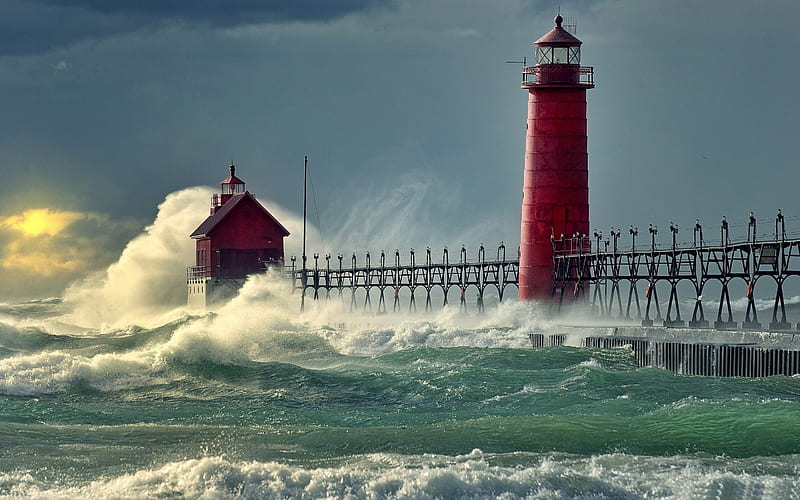 lighthouse stormy sea-Beach Landscape, HD wallpaper