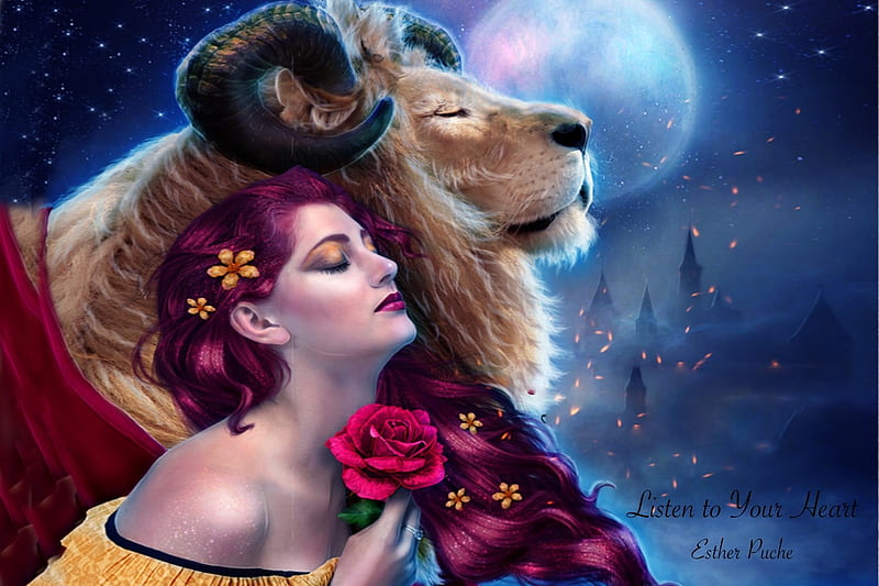 Listen to Your Heart, redhead, leo, Lion, roses, Fantasy, animal, horns, Beauty, Lady, moon, heart, flowers, creature, maiden, HD wallpaper