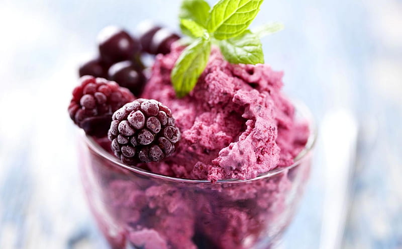 Blackberry ice cream, mint, ice cream, food, blackberry, sweet, dessert, fruit, glass, green, purple, cup, pink, HD wallpaper