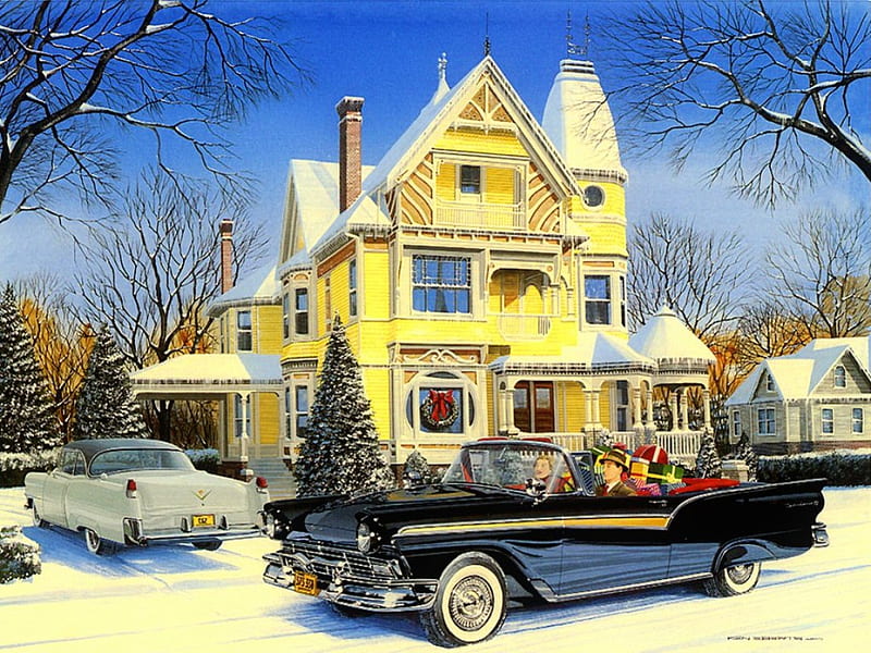 The day before Christmas, art, house, christmas, holiday, bonito, eve, winter, retro, snow, car, painting, day, village, HD wallpaper