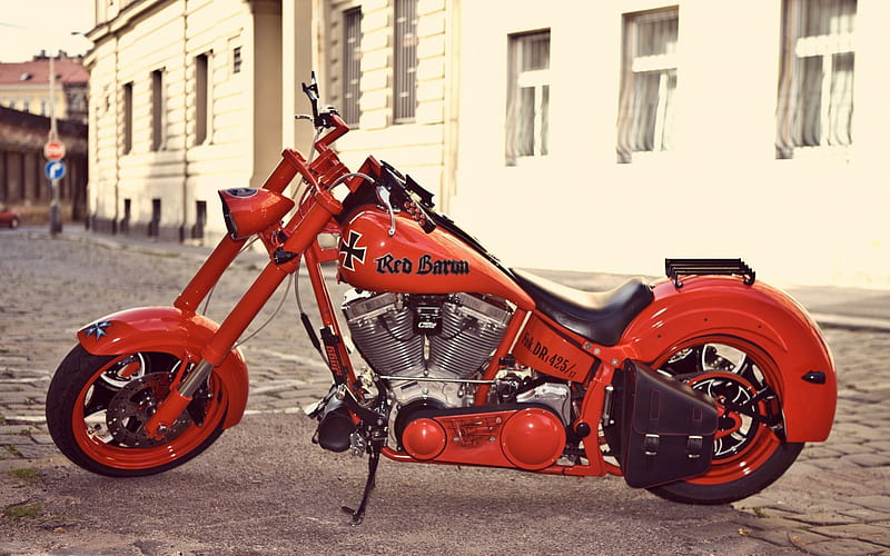 Red Baron, red, custom, motorcycle, chopper, HD wallpaper