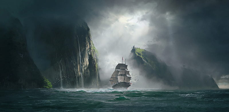 ship, sea, rocks, fog, art, HD wallpaper