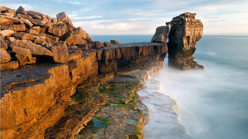 Dorset England, rocks, tranquil, england, boulders, ocean, bonito, sky, blue, HD wallpaper