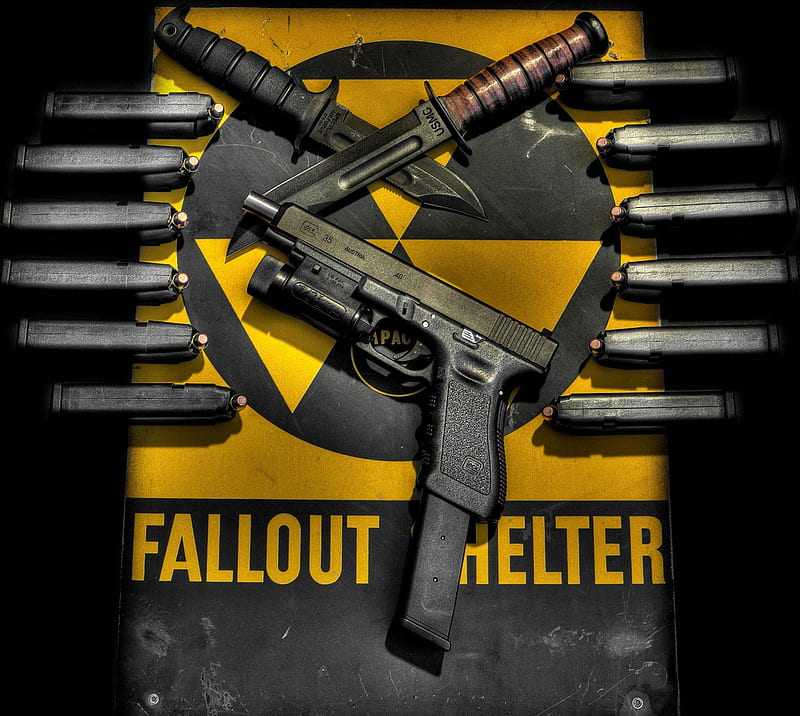 Fallout Shelter, art, danger, defense, glock, gun, hand, knife, pistol, sign, HD wallpaper