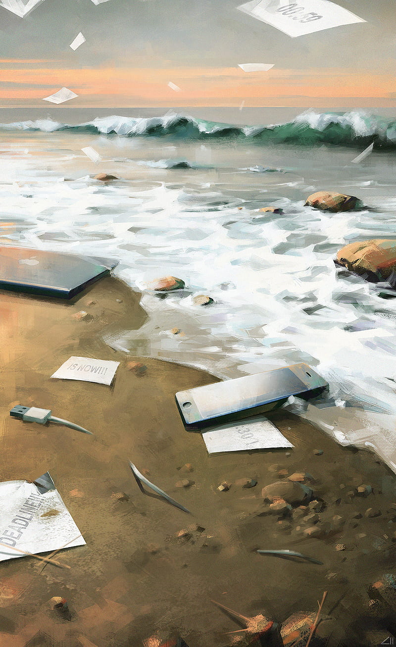 Alexander Zienko, sea, water, rocks, sand, tech, paper, painting, trash, HD phone wallpaper