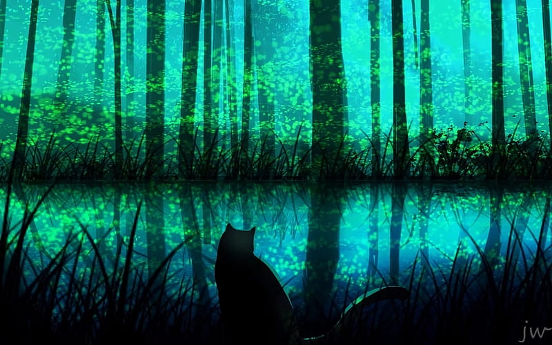 :-), silhouette, pisici, lake, blue, wayer, forest, luminos, black, cat, tree, fantasy, green, HD wallpaper
