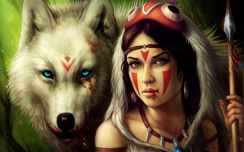 girl spear warrior wolf-Fantasy design, HD wallpaper