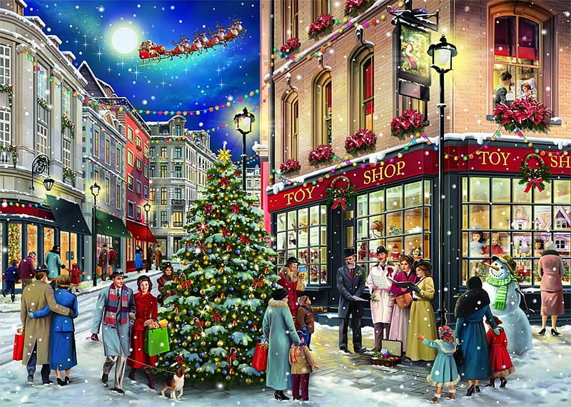 Toy Store, Sleigh, Reindeer, Santa, Moon, HD wallpaper