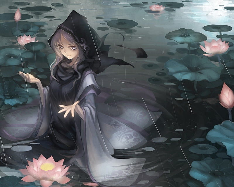 It's raining!, witch, lotus, manga, black, lake, leaf, water, girl, green, anime, flower, aqua, rain, pink, HD wallpaper