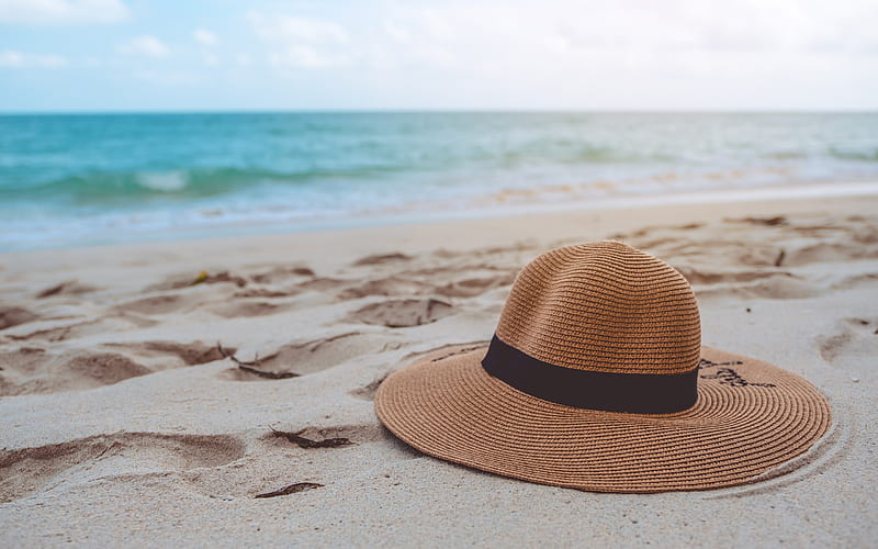 summer hat, beach, sand, sea, travel concepts, hat in the sand, beach accessories, HD wallpaper
