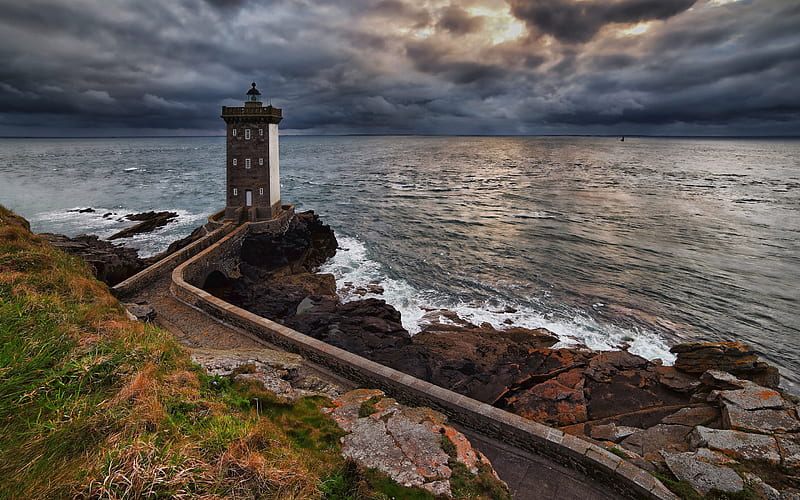 Atlantic Ocean, old lighthouse, sunset, coast, Brittany, France, HD wallpaper
