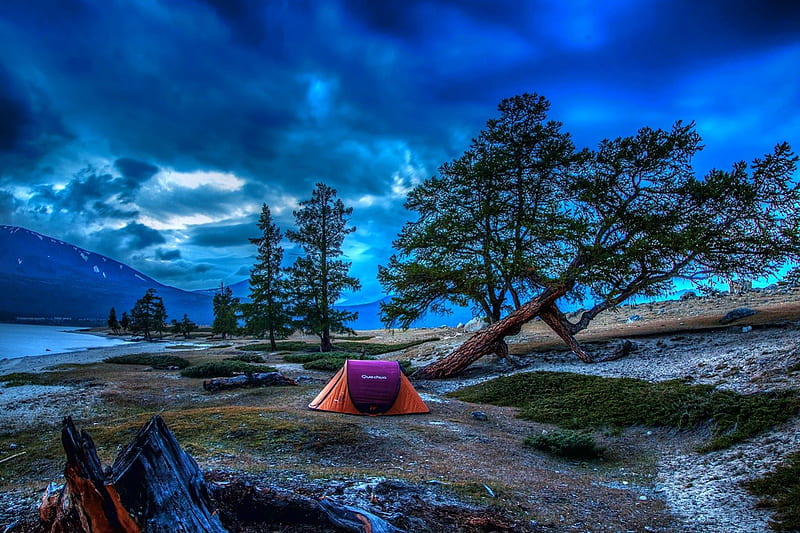 Campsite Blue Hour, tent, bonito, clouds, sky, night, HD wallpaper