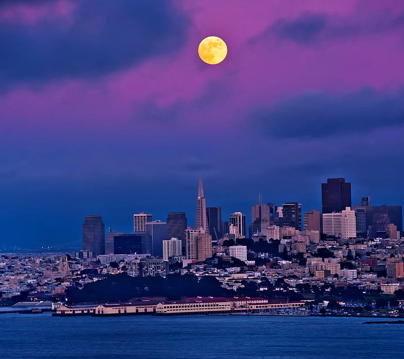 San Francisco, bay, clouds, dark, moon, night, pier, town, usa, HD wallpaper