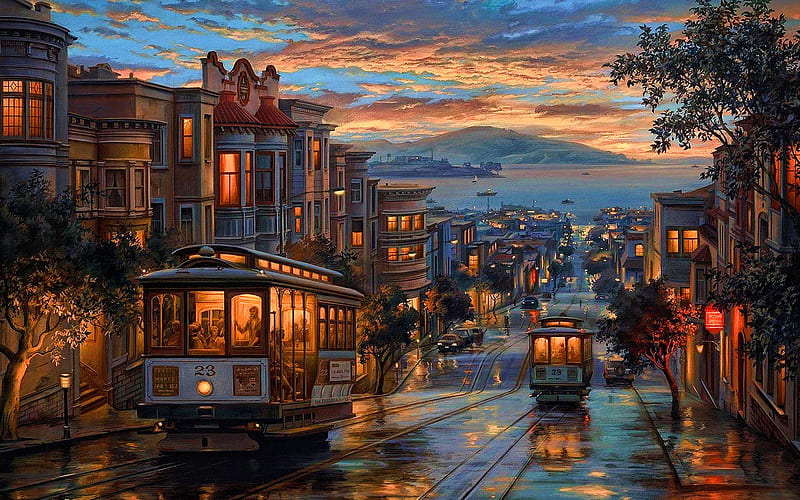 San Francisco, artwork, trams, street, hills, american cities, California, Drawn San Francisco, City of San Francisco, USA, Cities of California, America, HD wallpaper