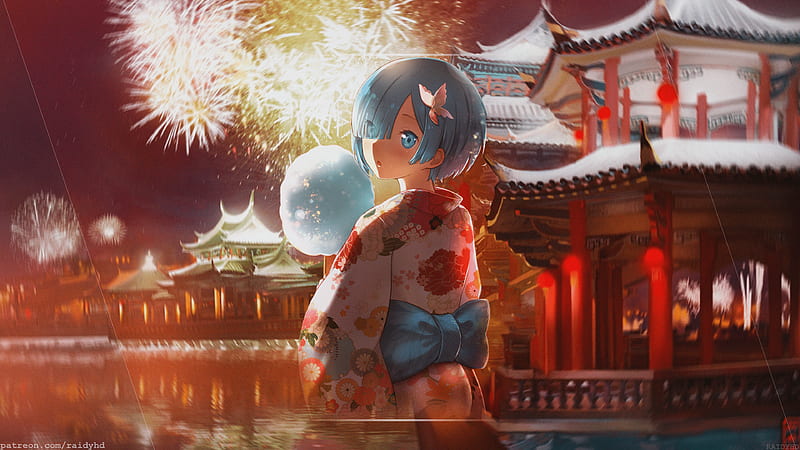 rem, yukata, cotton candy, fireworks, festival, re: zero, back view, traditional building, Anime, HD wallpaper