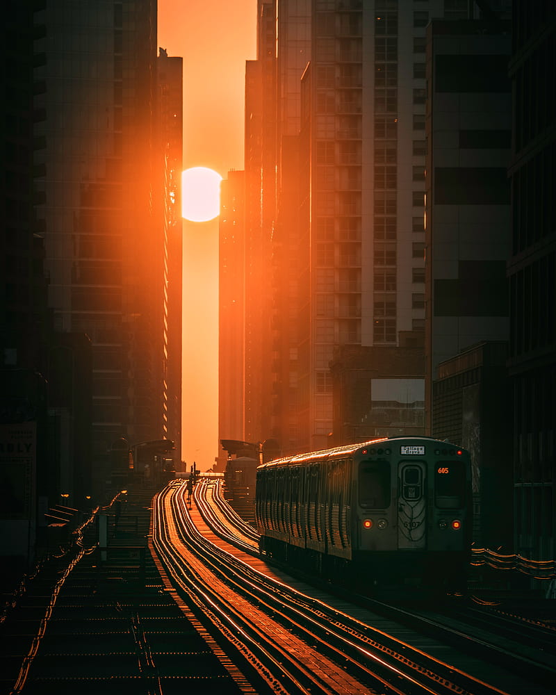 train, railway, buildings, sun, sunset, HD phone wallpaper