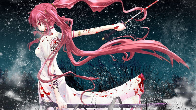 covered with your blood, pale, blood stains, yuki, whit dress, girl, anime, pink hair, sword, red eyes, HD wallpaper