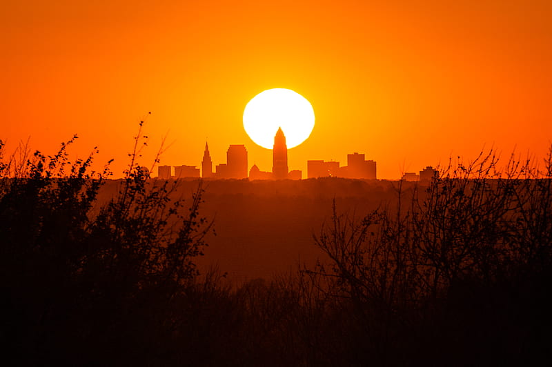 sunset, city, buildings, silhouette, sun, dusk, HD wallpaper