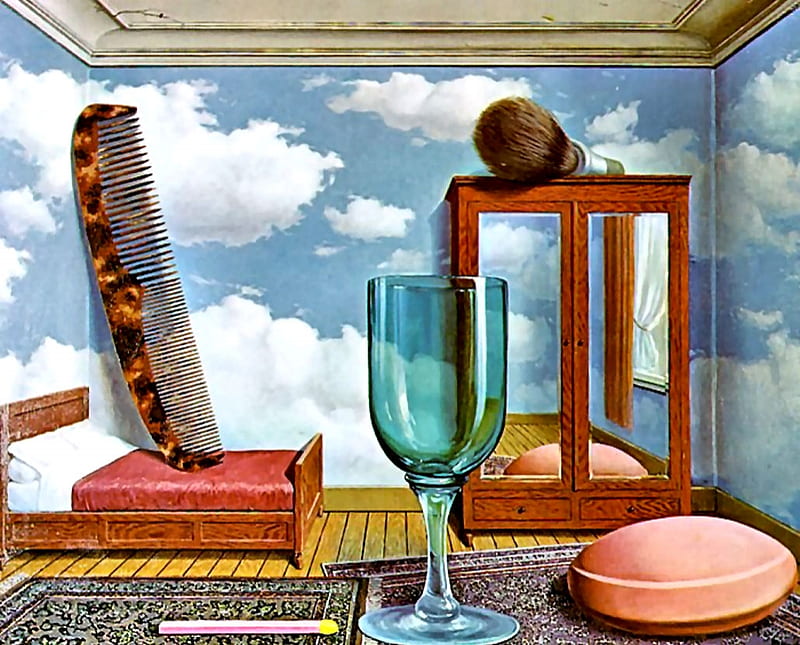 Personal Values, soap, Magritte, art, surrealism, surrealist, comb, bonito, Rene Magritte, abstract, artwork, still life, glass, painting, surreal, HD wallpaper