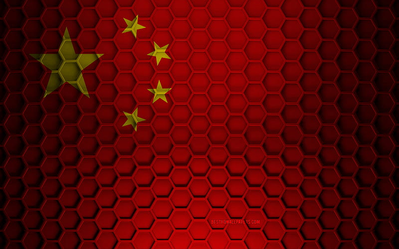 China flag, 3d hexagons texture, China, 3d texture, China 3d flag, metal texture, flag of China, HD wallpaper