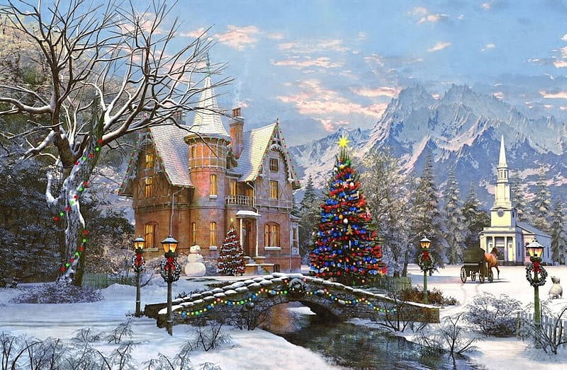 Christmas at the Manor House, house, christmas, church, snowman, manor, winter, mountain, tree, water, snow, bridge, river, HD wallpaper