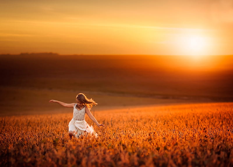 Little Girl, Field, Summer, Sun, Sunset, HD wallpaper