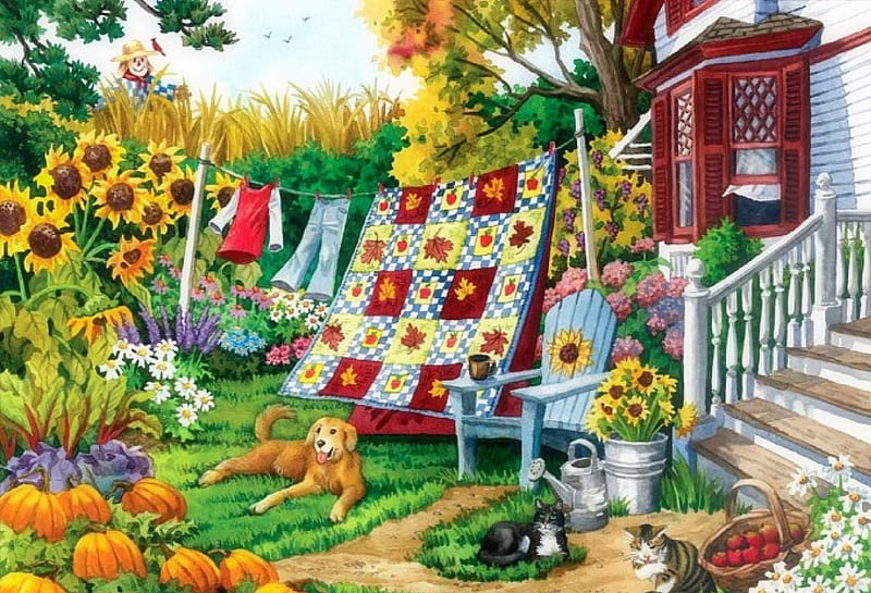 ★Country Autumn★, fall, gardening, autumn, attractions in dreams, creative pre-made, seasons, paintings, country autumn, sunflowers, flowers, butterfly designs, drawings, cats, outdoor, animals, dogs, HD wallpaper