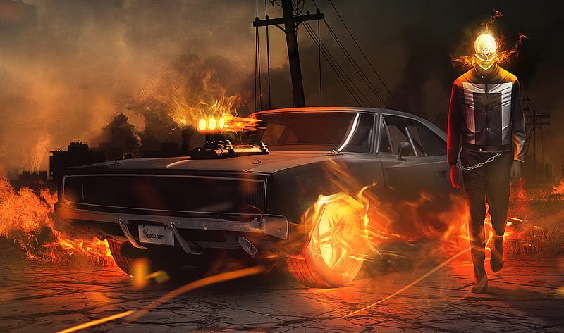 Ghost Rider With Car, ghost-rider, superheroes, artist, artwork, digital-art, HD wallpaper